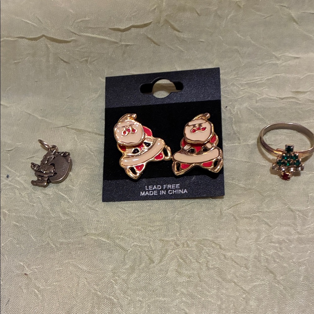 Gold and Red Enameled Santa earrings, santa pendant & christmas tree ring
